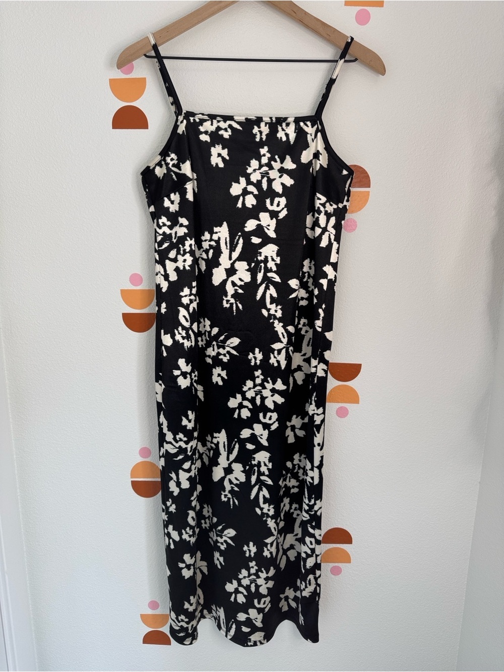 Hiatus Black White Floral Slip Midi Dress Spaghetti Strap Cottagecore N0183